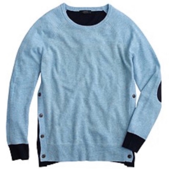 J. Crew Blue Wool Angora Elbow Patch Sweater Colorblock Button Detail Equestrian - Picture 2 of 6